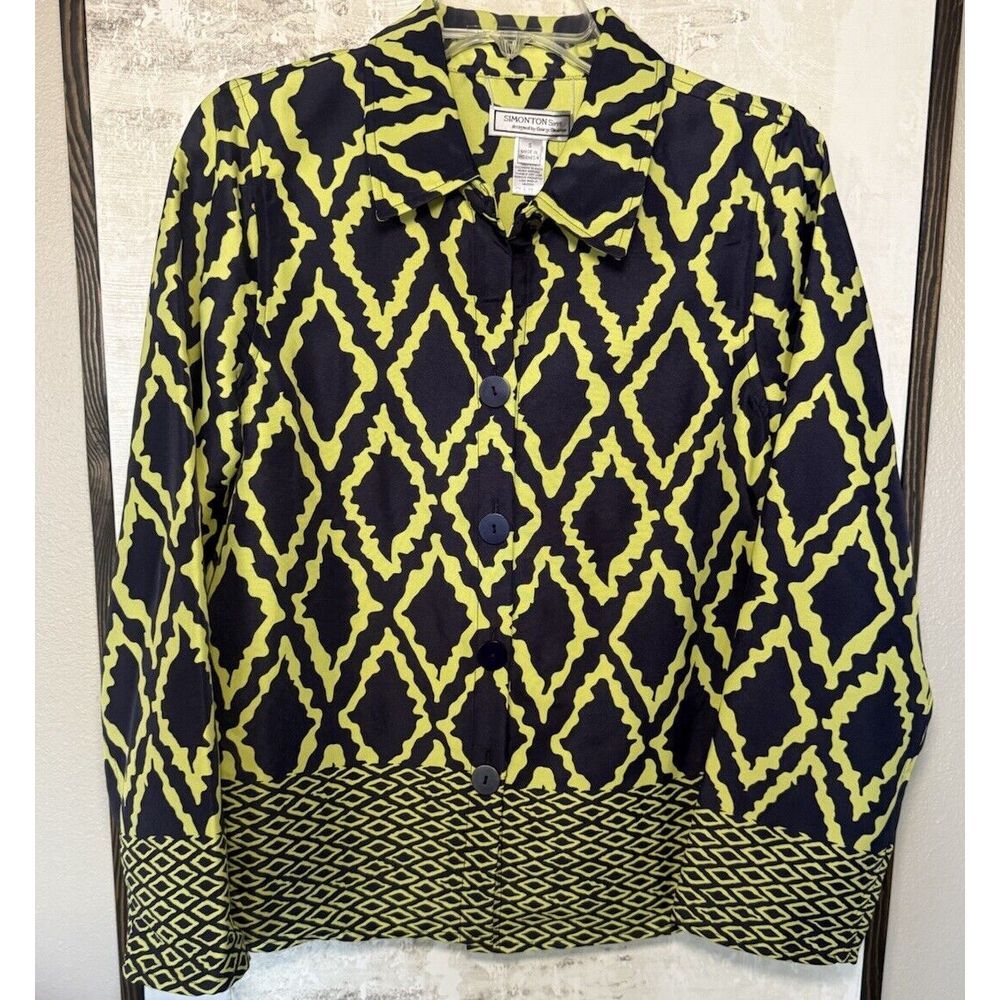 George Simonton Says Jacket Lime Green & Black Patterned  Womens Small‎ NEW!